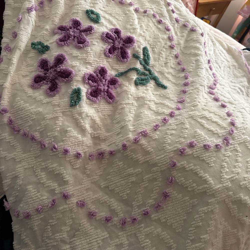 White Chenille Throw Blanket with Purple Floral Tufting